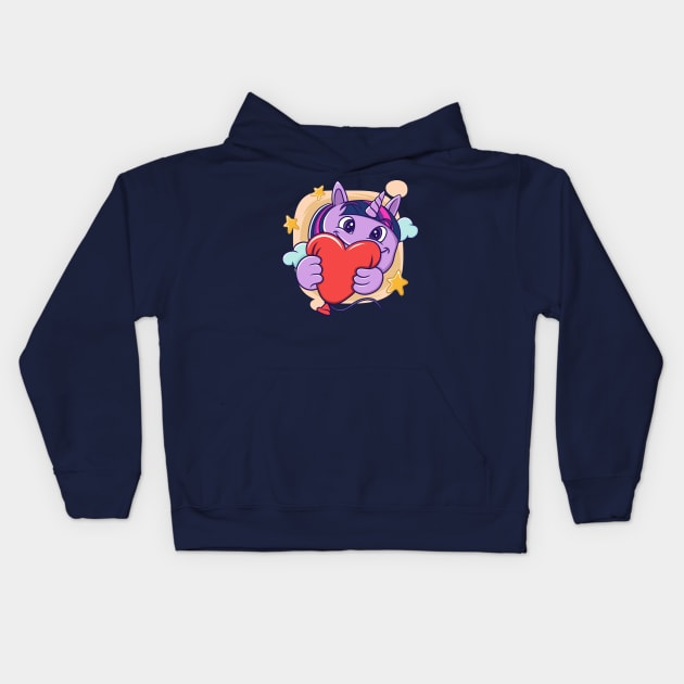 cute facial expression illustration of a little unicorn holding a red balloon Kids Hoodie by ReasArt